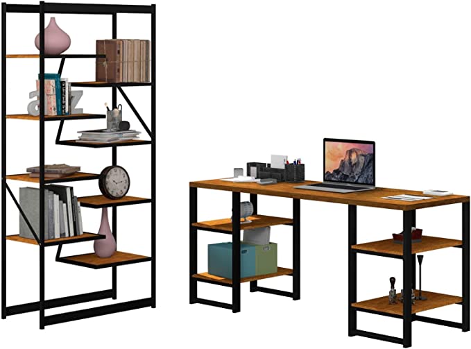 essencial para quem quer decorar a casa ou o escritório de maneira prática e barata,melhor obra construir reforma luxo apartamento casa residencia fachada comercio melhores sopradores de folhas, guarda sol folhas secas, soprador aspirador, mesa escritório, home office,Conjunto Mesa Estante para Escritório Apolo Preto Canela