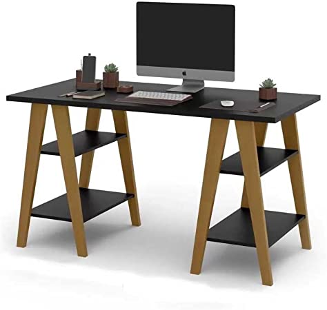 essencial para quem quer decorar a casa ou o escritório de maneira prática e barata,melhor obra construir reforma luxo apartamento casa residencia fachada comercio melhores sopradores de folhas, guarda sol folhas secas, soprador aspirador, mesa escritório, home office, Mesa Escrivaninha Cavalete 1,35x0,66 Tampo 30mm 4 Prateleiras Preto pés em madeira Ofertamo
