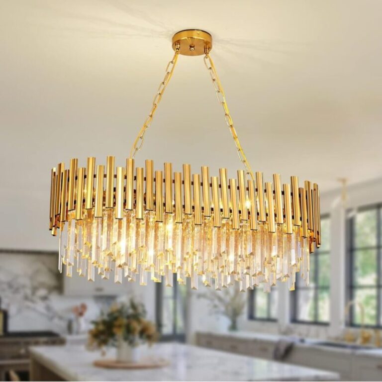 Melhor Obra apresenta imagem de Lustre de cristal moderno, pendente de cor ouro - Fitsai