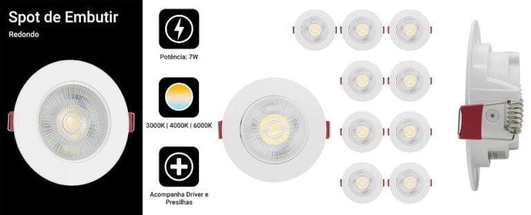 Kit 10 Spot Led Smd 7w Dicróica Direcionável Redondo Forte (Branco Quente), achei, melhor, oferta, spot, embutir, iluminação, construir, construção, reformar, decoração, iluminar