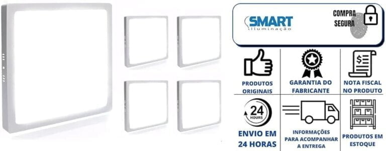 Kit 5 Luminária Plafon Led De Sobrepor 18w Quadrada Branco Frio 6000K, melhorobra, melhor, obra, construir, construção, decorar, decoração, reforma, oferta