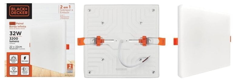 Painel LED 2x1 32W Borda Infinita Quadrado, 6500K, 100-240V, Black+Decker, BDPD-3200-06, 32W, Branca, melhor, melhorobra, obra, construir, construção, reforma, decoração, decorar, iluminação sala