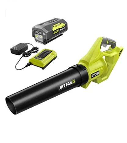 🥇 Soprador a gasolina, elétrico ou a bateria? 1 RYOBI Soprador de folha de ventilador de jato de velocidade variável sem fio de íon de lítio de 40 volts 110 MPH 500 CFM com bateria e carregador de 4,0 Ah incluídos