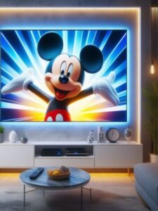 a melhor obra apresenta um foto gerado por AI de um smart tv 75' ligada em uma sala linda contemporânea, com iluminação em fita de led na cor azul de cinema que sai por traz do painel e percorre a sala entre as parede e teto, imagem realista parecendo fotografia profissional