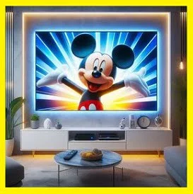 a melhor obra apresenta um foto gerado por AI de um smart tv 75' ligada em uma sala linda contemporânea, com iluminação em fita de led na cor azul de cinema que sai por traz do painel e percorre a sala entre as parede e teto, imagem realista parecendo fotografia profissional